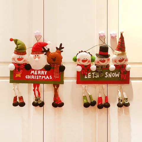 Christmas Door Hanging Sign Fabric Santa Snowman Reindeer Cartoon Figures Wall Decor For Holiday Home Party