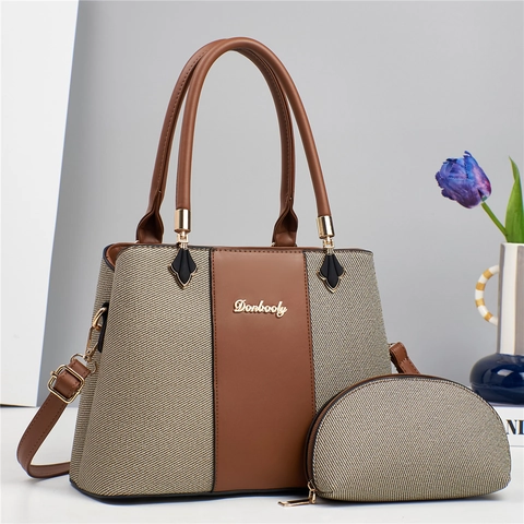 Patchwork Tote Handbag And Small Purse PU Leather Canvas Textured Versatile Elegant Shoulder Crossbody Bag Women