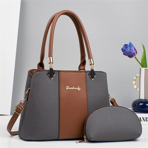 Patchwork Tote Handbag And Small Purse PU Leather Canvas Textured Versatile Elegant Shoulder Crossbody Bag Women