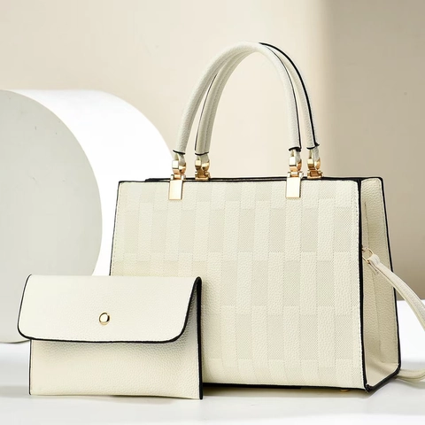 Bolso De Mano Y Bolsa A Juego De Cuero PU Con Patrón Geométrico En Relieve Gran Capacidad Herrajes Dorados Mujer Diario Simple