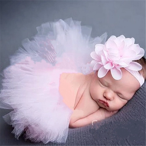 Baby Girls Chiffon Flower Tutu Skirt And Matching Headband Photography Prop Mesh Tulle Outfit Newborn Infant