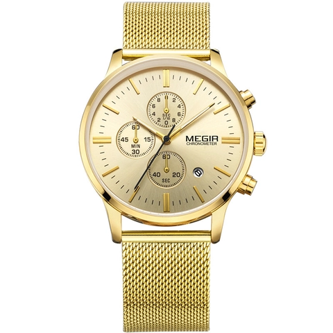 MEGIR Men Sport Quartz Watch Chronograph Waterproof Luminous Date Stainless Steel Case Leather Mesh Nylon Strap Luxury