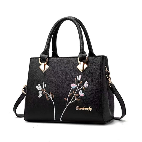 Damen Handtasche Mit Blumenstickerei Litschi Muster PU Leder Griff Crossbody Tasche Mit Abnehmbarem Schultergurt Elegant Büro Alltag
