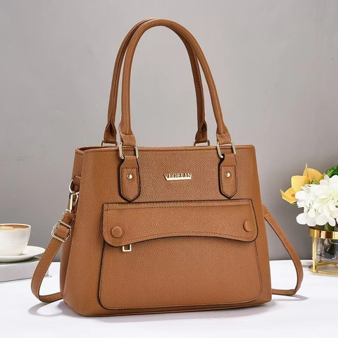 Elegante Bolso De Mano Para Mujer Cuero PU Grano De Litchi Bolso Bandolera Con Bolsillo Delantero Con Solapa Gran Capacidad Estilo Conmutar