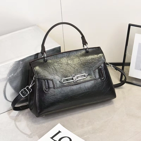 Women Top Handle Handbag Vintage PU Leather Glossy Crossbody Bag With Silver Metal Clasp Trendy Commuter Shoulder Bag