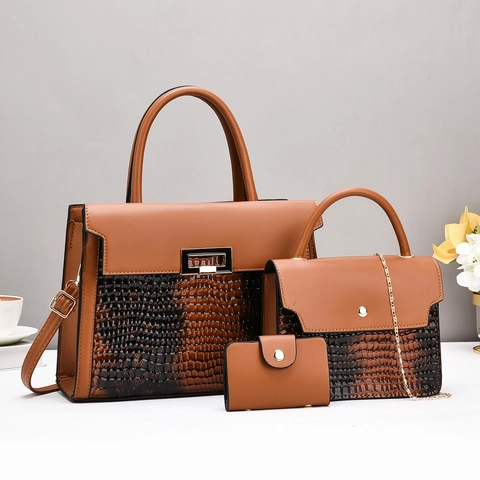 Women PU Leather Bag Set 3 Pieces Snake Skin Pattern Handbag Chain Shoulder Bag Small Pouch Contrast Color Daily Fashion Tote