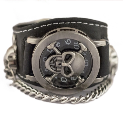 Punk Gothic Men Quartz Watch Leather Strap Alloy Skull Crossbones Metal Chain Rivet Halloween Fashion Wristwatch