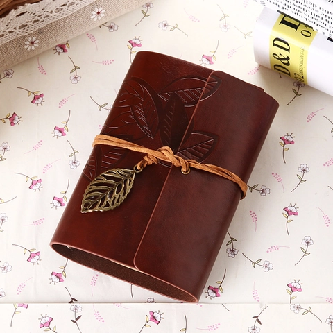 Retro Leather Loose-leaf Notebook With Metal Leaf Pendant Kraft Paper Inner Diary Journal Stationery Gift For Travel