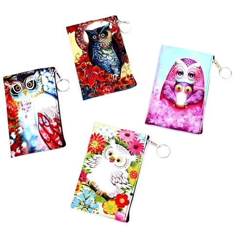 Cartoon Printed Coin Purse PU Leather Zipper Small Wallet With Key Ring Owl Elephant Pattern Retro Ethnic Style For Girls Women