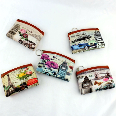 Vintage PU Leather Coin Purse Mini Wallet With Zipper Key Ring Retro Pattern For Women Travel Casual