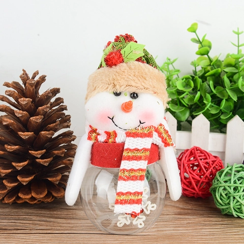 Noël Père Noël Bonhomme de Neige Pot à Bonbons en Plastique Transparent Peluche Poupée Décoration de Vacances Boîte Cadeau Ornement