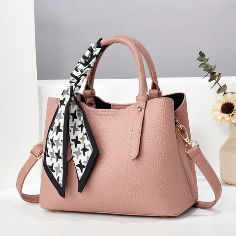 Women Lychee Texture PU Leather Handbag With Houndstooth Satin Scarf Elegant Large Capacity Shoulder Crossbody Bag