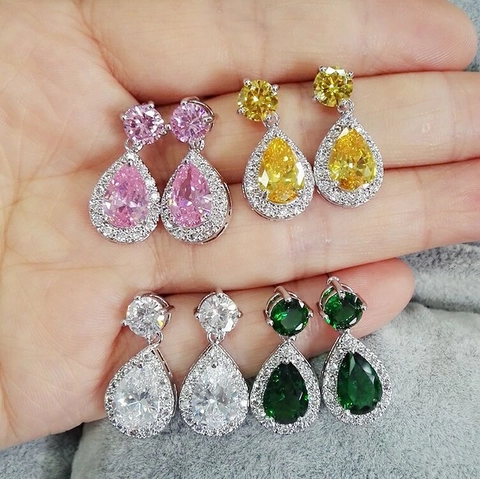 Elegante Koperlegering Waterdruppel Zirconia Oorbellen Voor Vrouwen Luxe Peervormige Kristallen Hangoorbellen Clip-on Sieraden