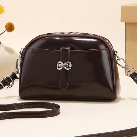 Women Glossy PU Leather Crossbody Bag Fashionable Double Zipper Shoulder Handbag Retro Versatile Shell Shape Purse