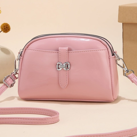 Women Glossy PU Leather Crossbody Bag Fashionable Double Zipper Shoulder Handbag Retro Versatile Shell Shape Purse
