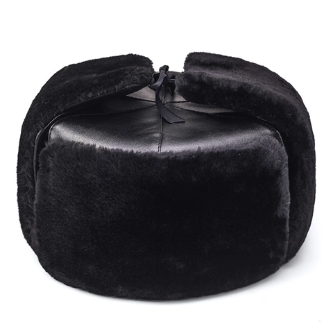 Gorro De Trampero Invierno Hombre Cuero PU Piel Sintética Orejeras Cortavientos Térmico Ushanka Negro Exterior