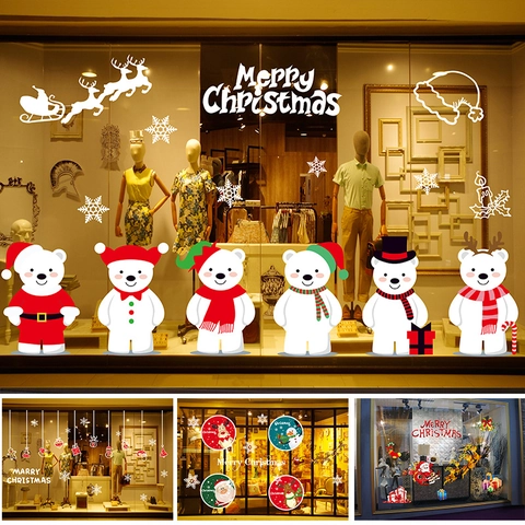 Christmas Window Stickers PVC Static Cling Glueless Removable Double Sided Xmas Decorations Shop Home Decor Holiday
