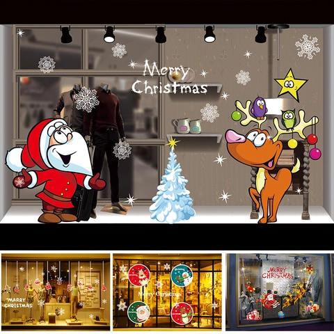 Christmas Window Stickers PVC Static Cling Glueless Removable Double Sided Xmas Decorations Shop Home Decor Holiday