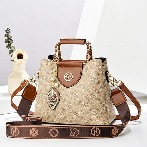 Women Vintage Monogram Print Handbag PU Leather Crossbody Bag Metal Chain Handle Removable Wide Strap Retro Leaf Pendant