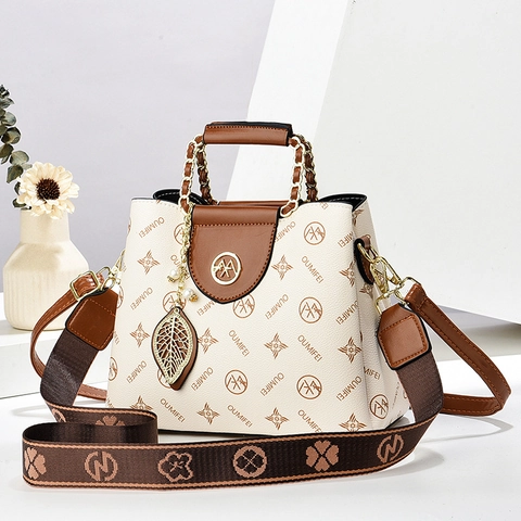 Women Vintage Monogram Print Handbag PU Leather Crossbody Bag Metal Chain Handle Removable Wide Strap Retro Leaf Pendant