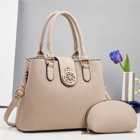 Sac À Main En Cuir PU Pour Femmes Texture À Rayures Verticales Sac Bandoulière Avec Pochette Couronne Badge En Métal