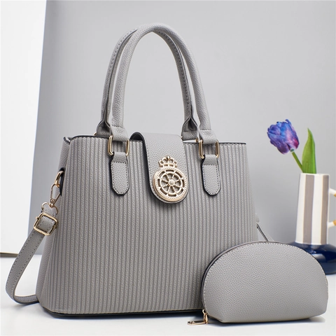 Sac À Main En Cuir PU Pour Femmes Texture À Rayures Verticales Sac Bandoulière Avec Pochette Couronne Badge En Métal