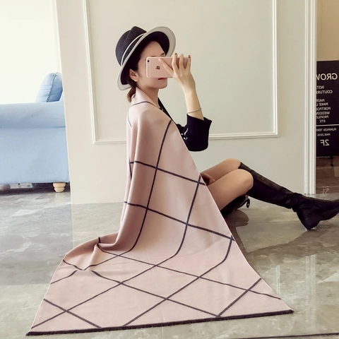 Écharpe d'Hiver Épaisse Chaude pour Femmes Classique à Carreaux Motif Géométrique Double Face en Mélange Coton Polyester Châle