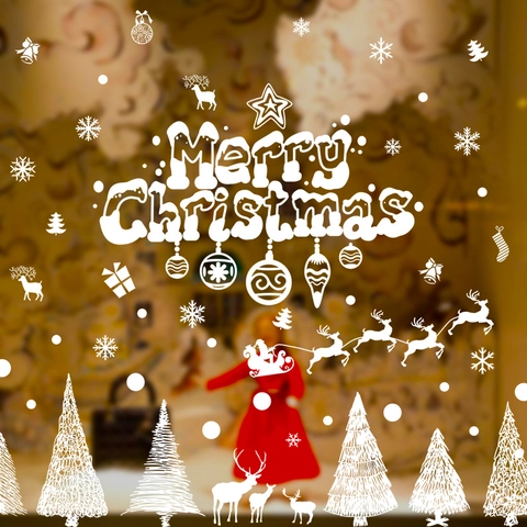 Adesivi Murali Natale Bianchi Fiocco Di Neve Renna Foresta Babbo Natale PVC Impermeabile Removibile Vetrofanie Decorazione