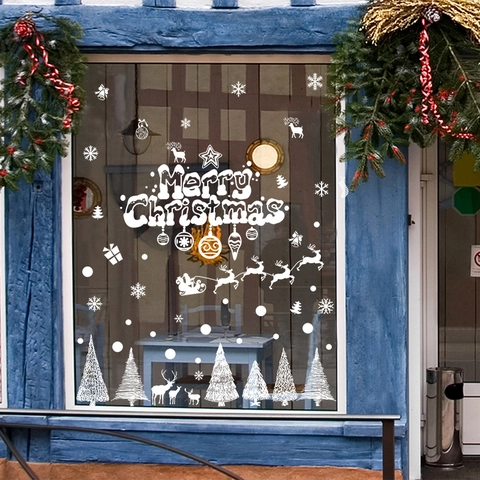 Adesivi Murali Natale Bianchi Fiocco Di Neve Renna Foresta Babbo Natale PVC Impermeabile Removibile Vetrofanie Decorazione