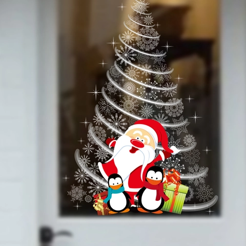 Pegatinas De Ventana De Navidad Doble Cara Transparente PVC Estática Papá Noel Pingüino Copo De Nieve Árbol De Navidad