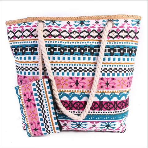 Borsa Tote In Tela Boema E Pochette Coordinata Cinghie In Corda Di Cotone Grande Capacità Vacanze Al Mare Stile Etnico Donna