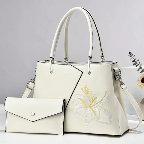 Women Fashion Lily Embroidery PU Leather Handbag Tote And Pouch Macaron Colors Versatile Large Capacity Crossbody Bag For Daily