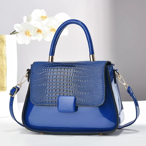 Fashion Women Crocodile Pattern Glossy PU Leather Handbag Elegant Top Handle Shoulder Crossbody Bag With Golden Hardware