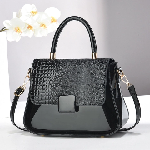 Fashion Women Crocodile Pattern Glossy PU Leather Handbag Elegant Top Handle Shoulder Crossbody Bag With Golden Hardware