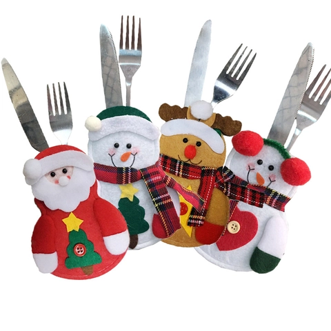 Porte-Couverts De Noël Sacs À Vaisselle En Feutre Père Noël Bonhomme De Neige Renne Motif Décoration De Table De Fête