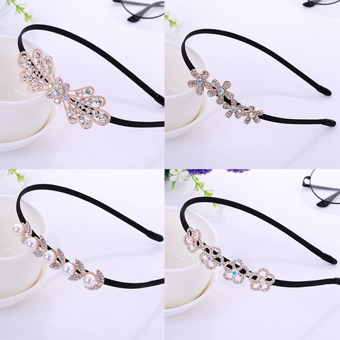 Kids Rhinestone Artificial Pearl Headband Alloy Thin Black Hair Hoop With Bow Butterfly Flower Shapes For Girls Sweet Hair Accessories