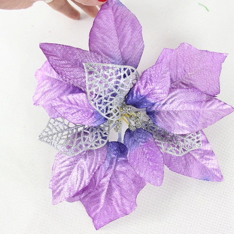 Künstliche Poinsettie Weihnachtsblumen Glitzer Stoff Hohl Funkelnd Ornamente Baum Dekoration Party Girlande Groß Elegant