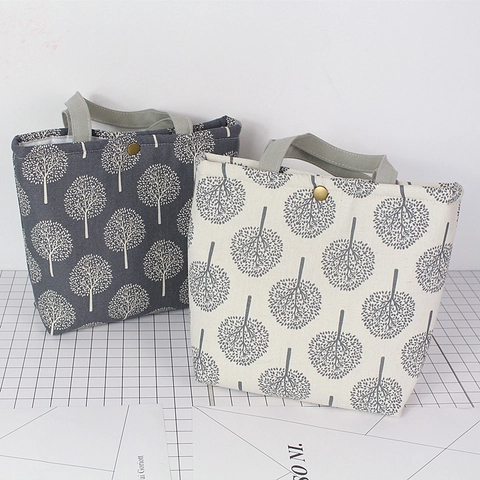 Japanischer Stil Lunchtasche Baumwolle Leinen Baummuster Tragetasche Mit Kupferknopf Thermoisolierung Tragbar