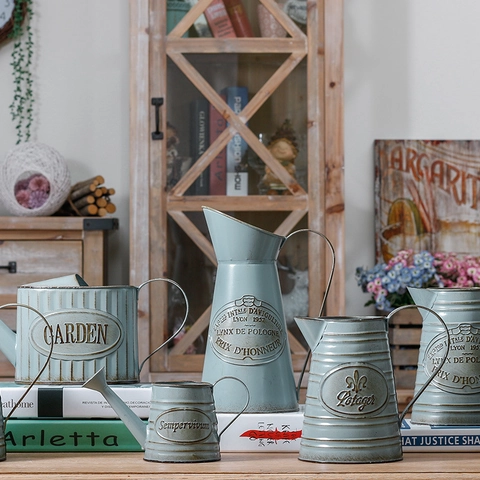 Vintage Metal Flower Pot Distressed Tinplate Vase Decorative Watering Can Home Garden Rustic Farmhouse Style Light Blue Embossed