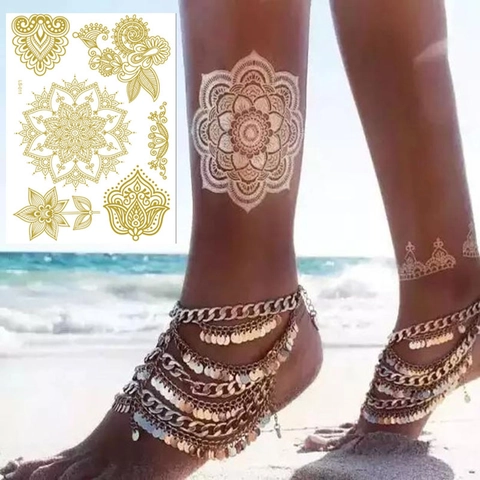 Metallic Temporary Tattoo Stickers Gold Rose Gold Henna Lace Mandala Bohemian Waterproof Body Art For Wedding Party