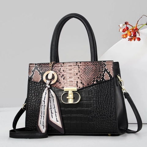 Sac à Main de Luxe pour Femmes Patchwork Texture Crocodile Serpent Avec Charme d'Écharpe Sac Bandoulière en Cuir PU