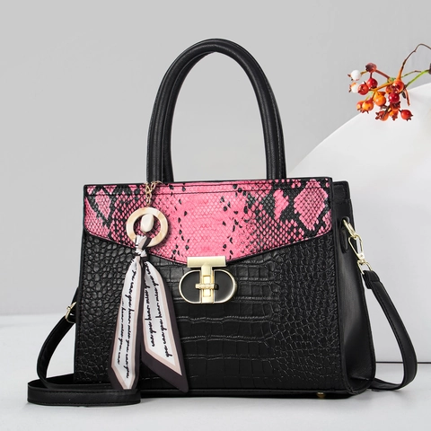 Dames Mode Krokodil Embossing Handtas Slangenpatroon Patchwork PU Leer Top Handvat Crossbody Tas Met Sjaal Elegante Metalen Sluiting