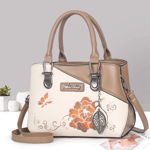 Bolso de Mano con Bordado de Peonía para Mujer Estilo Étnico Color de Contraste Cuero PU Bolso de Hombro Gran Capacidad Regalo de Mamá