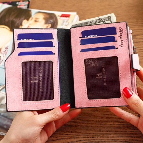 Women's Short Wallet PU Leather Snap Button Zipper Pocket Multi Card Slots Bifold Purse Fresh Sweet Candy Color Clutch