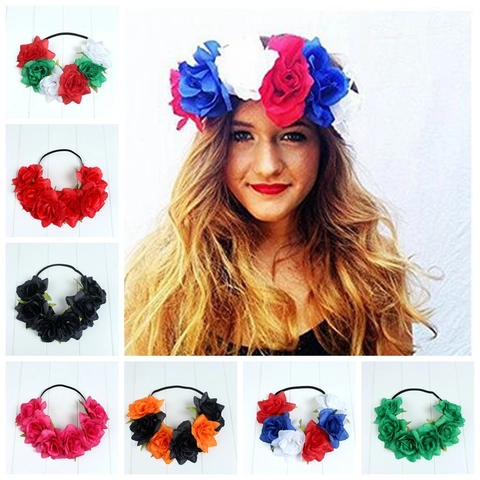 Artificial Flower Rose Headband Fabric Elastic Hairband Bohemian Style Festival Party Floral Hair Accessory For Women