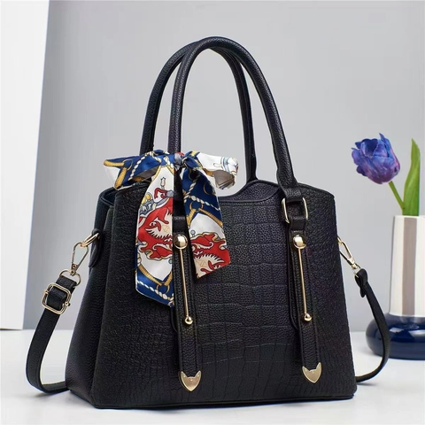 Bolso De Mano Para Mujer De Cuero PU Con Patrón De Cocodrilo Gran Capacidad Bolso Bandolera Con Pañuelo Decorativo Elegante