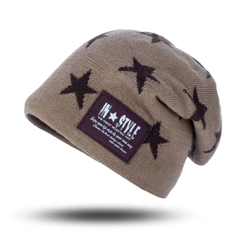 Winter Knitted Beanie Hat With Warm Fleece Lining Star Pattern Slouchy Outdoor Skull Cap For Men Women