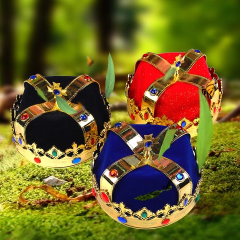 King Crown Hat Plastic Rhinestone Velvet Retro Royal Style For Halloween Party Performance Birthday
