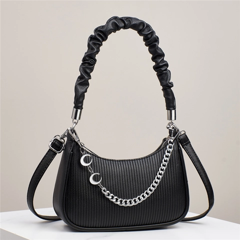 Damen Halbmond Hobo Tasche Plissierter Griff PU Leder Schulter Umhängetasche Mit Silbernem Mond Kettenanhänger Mode Handtasche