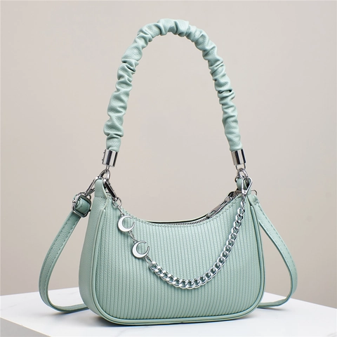 Damen Halbmond Hobo Tasche Plissierter Griff PU Leder Schulter Umhängetasche Mit Silbernem Mond Kettenanhänger Mode Handtasche